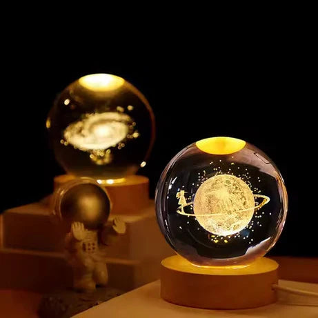 3D Galaxy Crystal Ball LED Night Light with Wooden Base