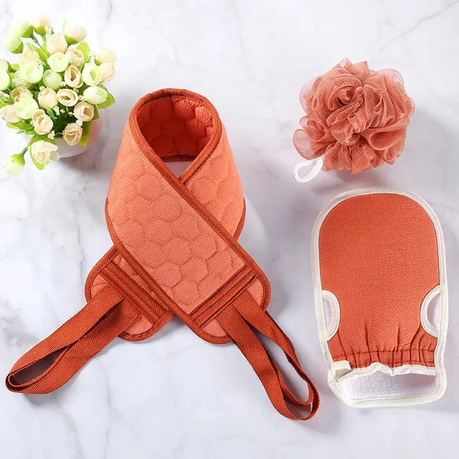 3 Pcs Shower & Bath Kit with Gloves Brush Shower Ball & Back Scrubber