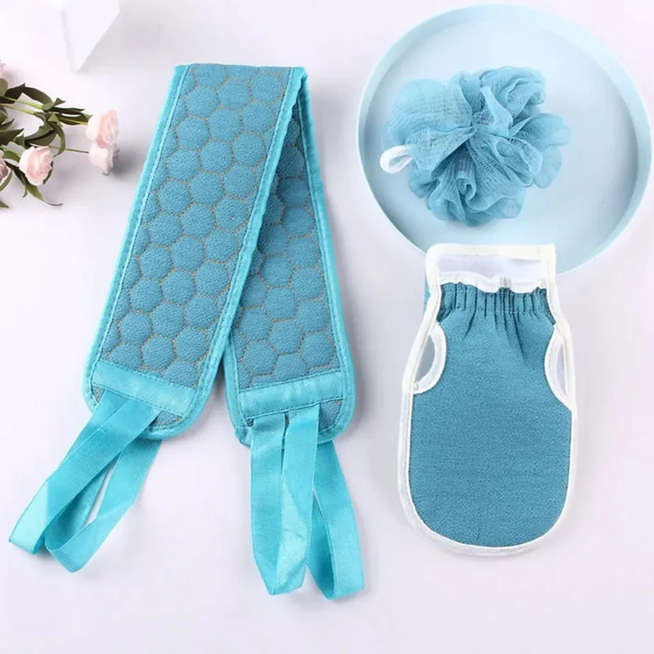 3 Pcs Shower & Bath Kit with Gloves Brush Shower Ball & Back Scrubber