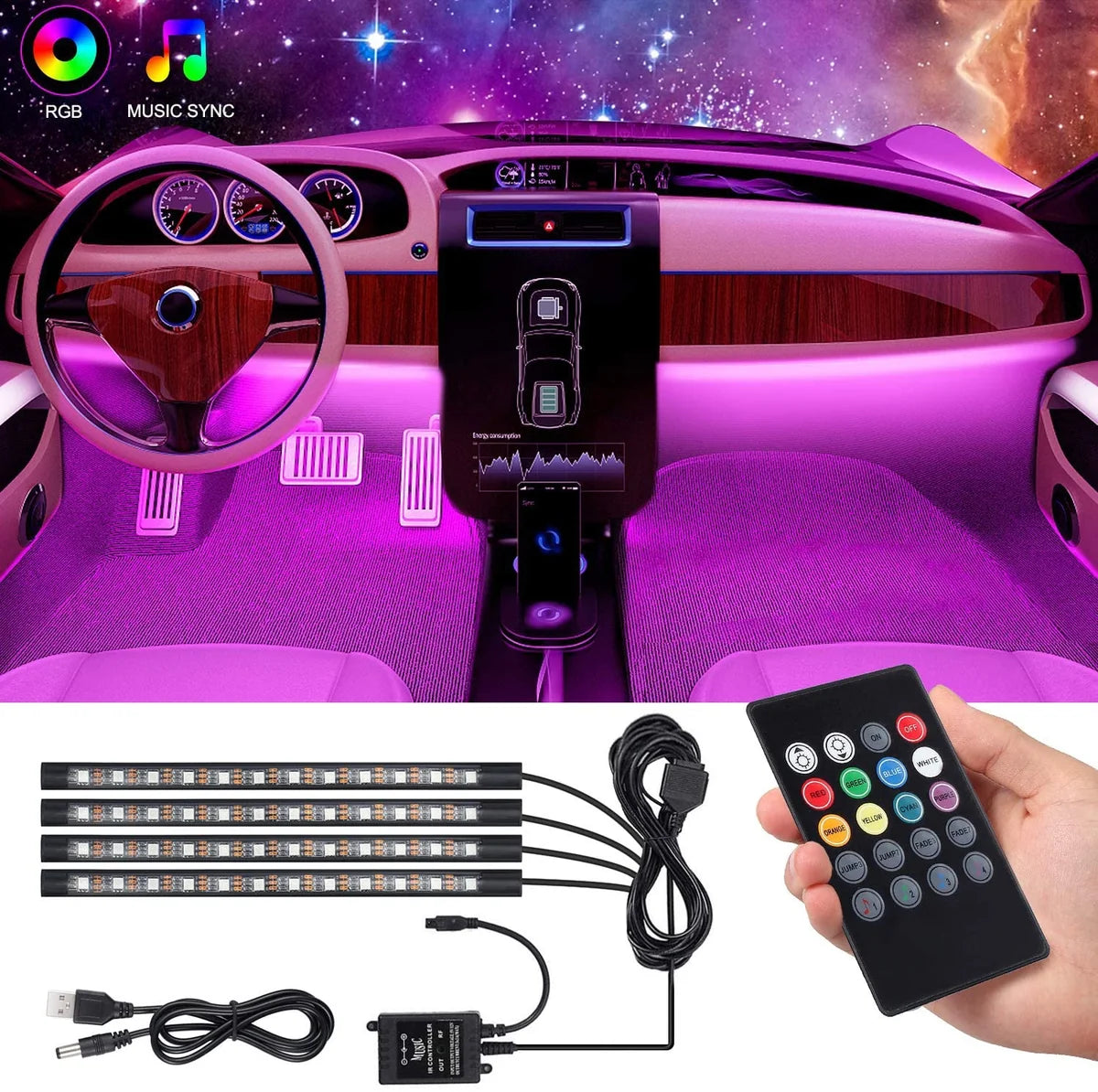Car LED Strip Lights 4pcs 48 LED Multicolor Music Car Interior Atmosphere Lights